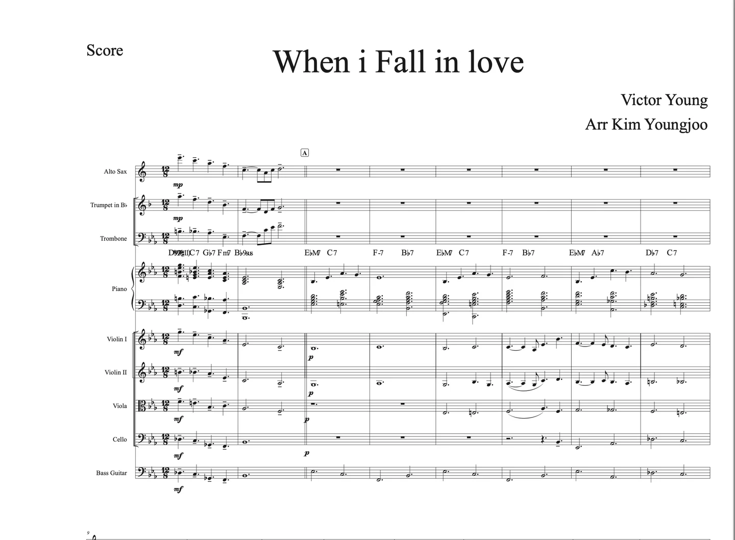 When i Fall in love - Victor Young (재즈 오케스트라 버전 바이얼린1,2 비올라 첼로 베이스 드럼 알토색소폰 트럼펫 트럼본) by 김영주