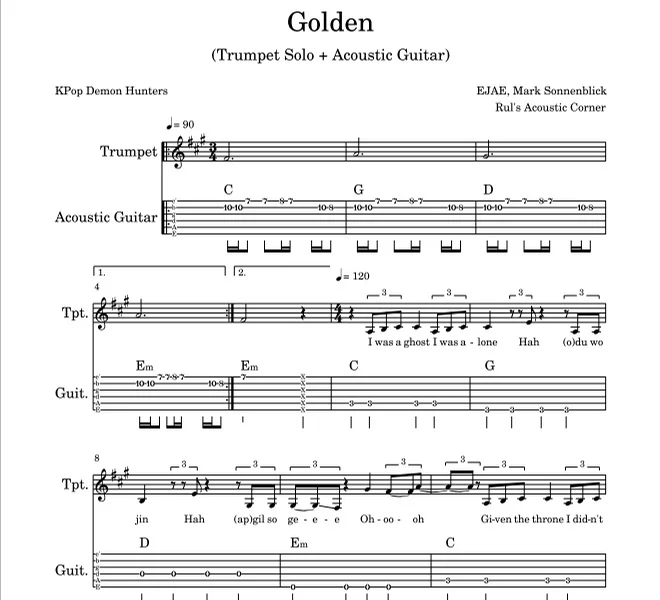 Golden - KPop Demon Hunters (Trumpet Solo + Acoustic Guitar sheet music Tabs) by Trumpet Solo + Acoustic Guitar - Golden