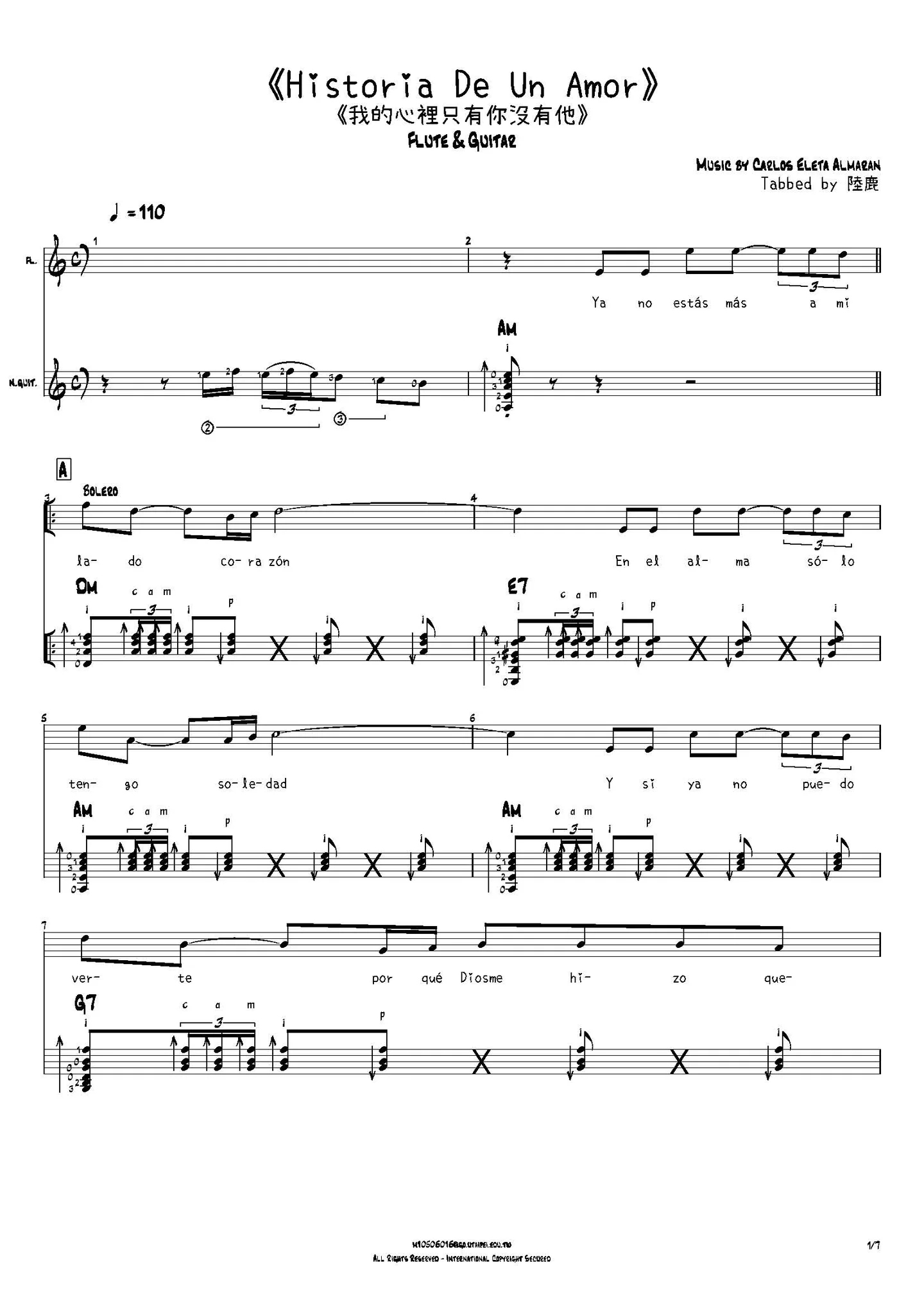 《Historia De Un Amor》Flute & Guitar(Bolero & Tango rhythm) - Dalida by Carlos Eleta Almarán