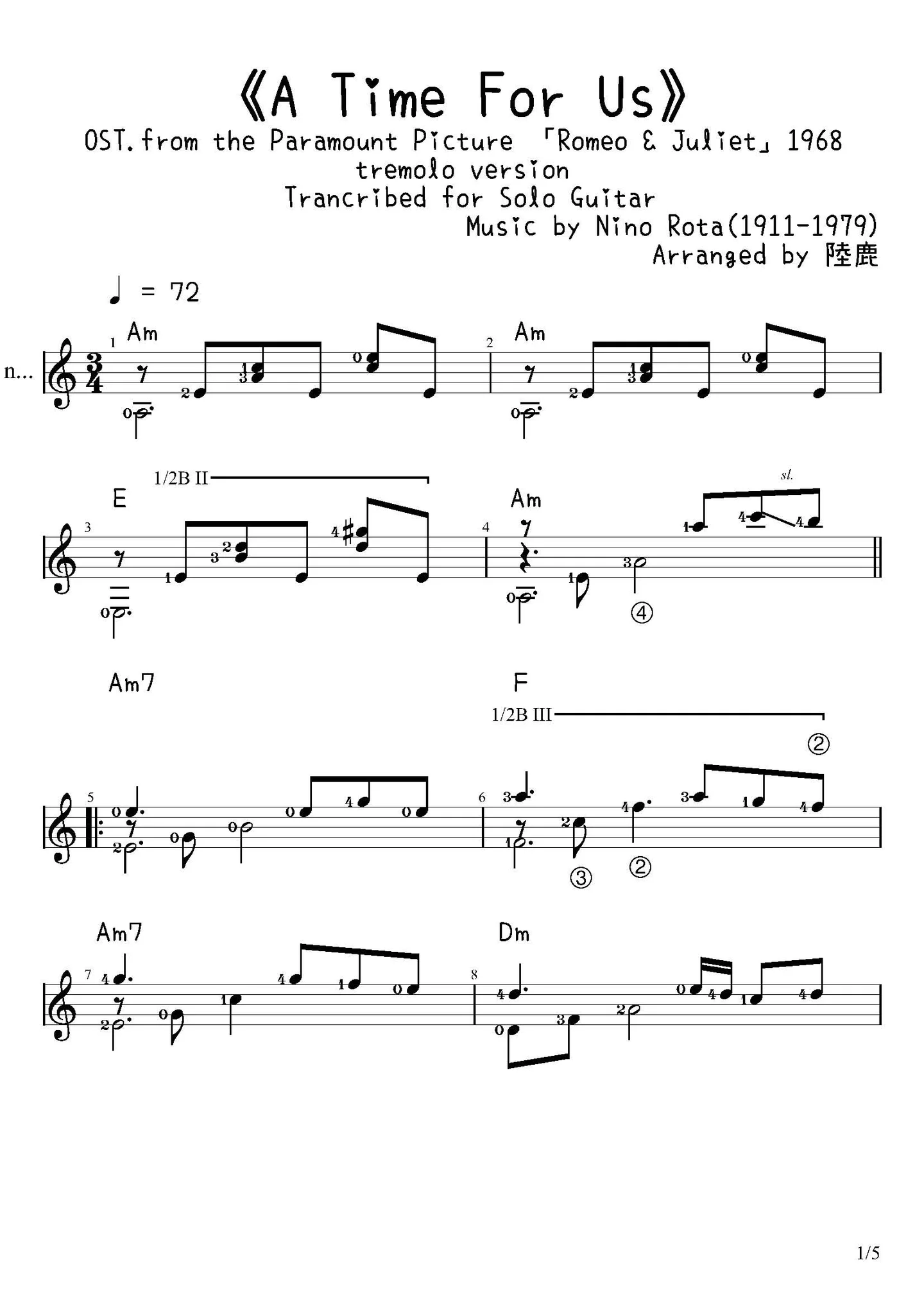 《A Time For Us》Trancribed for Solo Guitar(tremolo version) - Andy Williams (1927-2012) (Trancribed for Solo Guitar(tremolo version)) by Nino Rota(1911-1979)