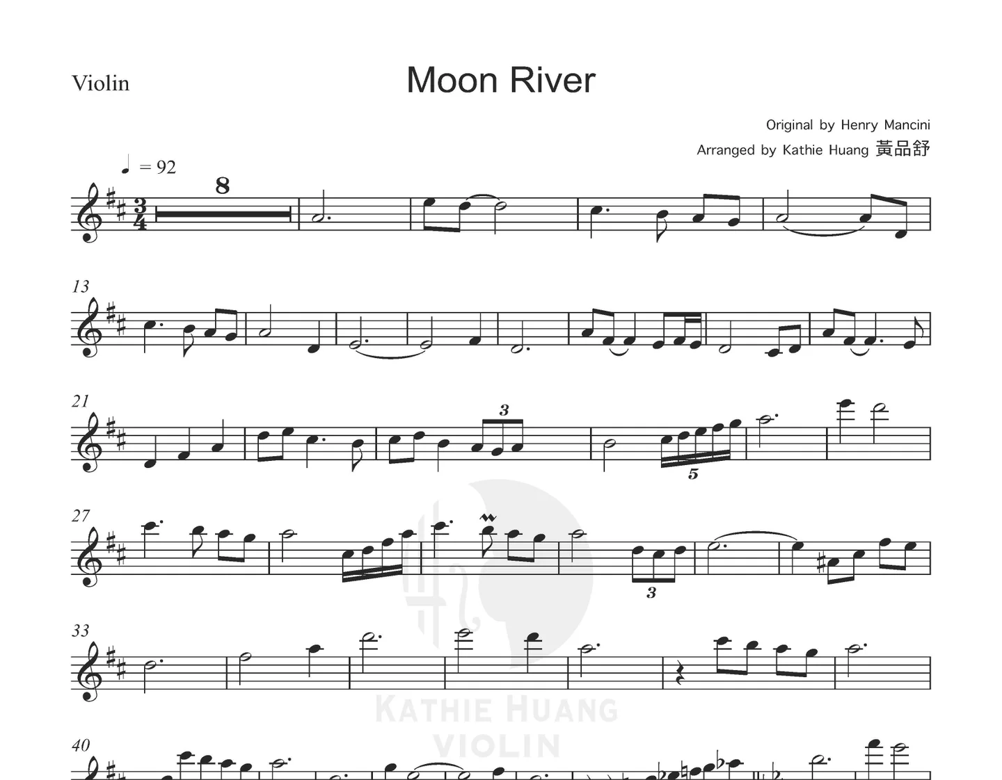 Moon River - Audrey Hepburn (Breakfast at Tiffany's OST Includes Instrumental) by Kathie Violin 黃品舒小提琴 - Page 2