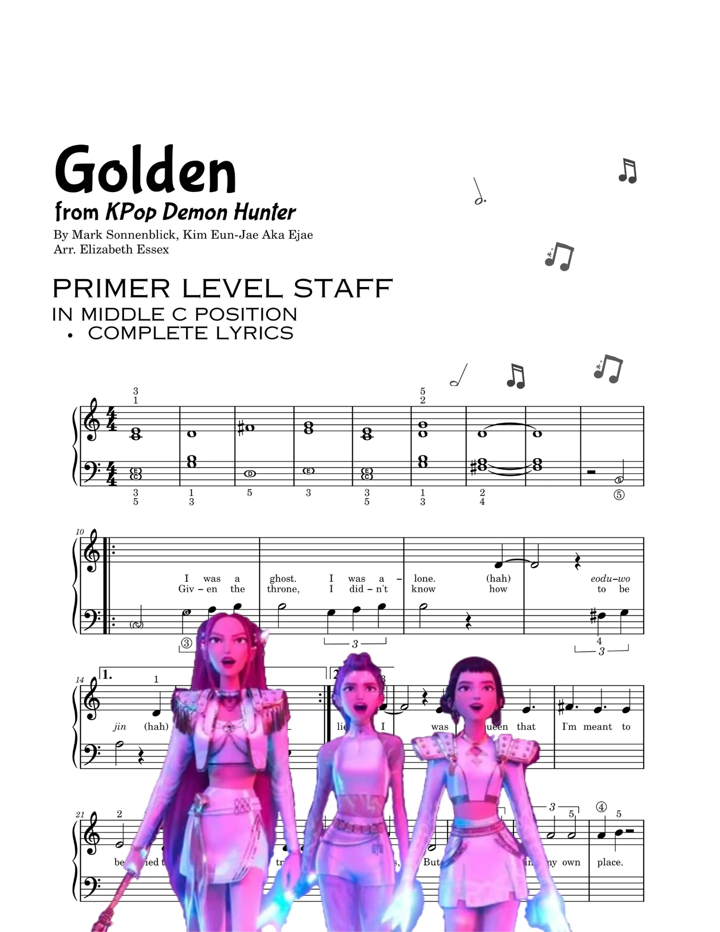 Golden - 24, Ido, Ejae, Mark Sonnenblick, Teddy Park (Primer level - Middle C Position - complete arrangement) by Elizabeth Essex