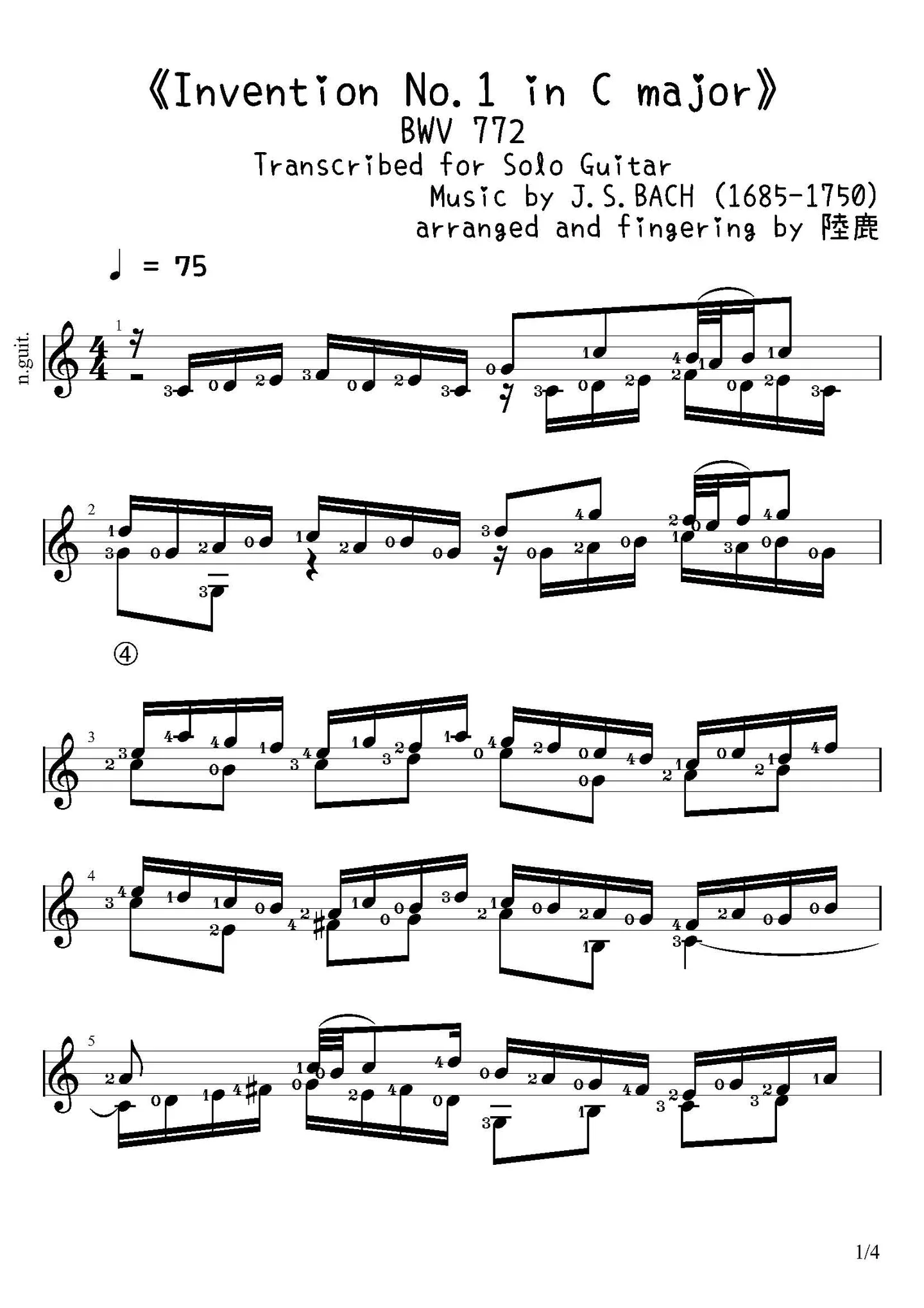 《Invention No.1 in C major, BWV 772》Transcribed for Solo Guitar - J.S.BACH(1685-1750) (Transcribed for Solo Guitar) by J.S.BACH(1685-1750)