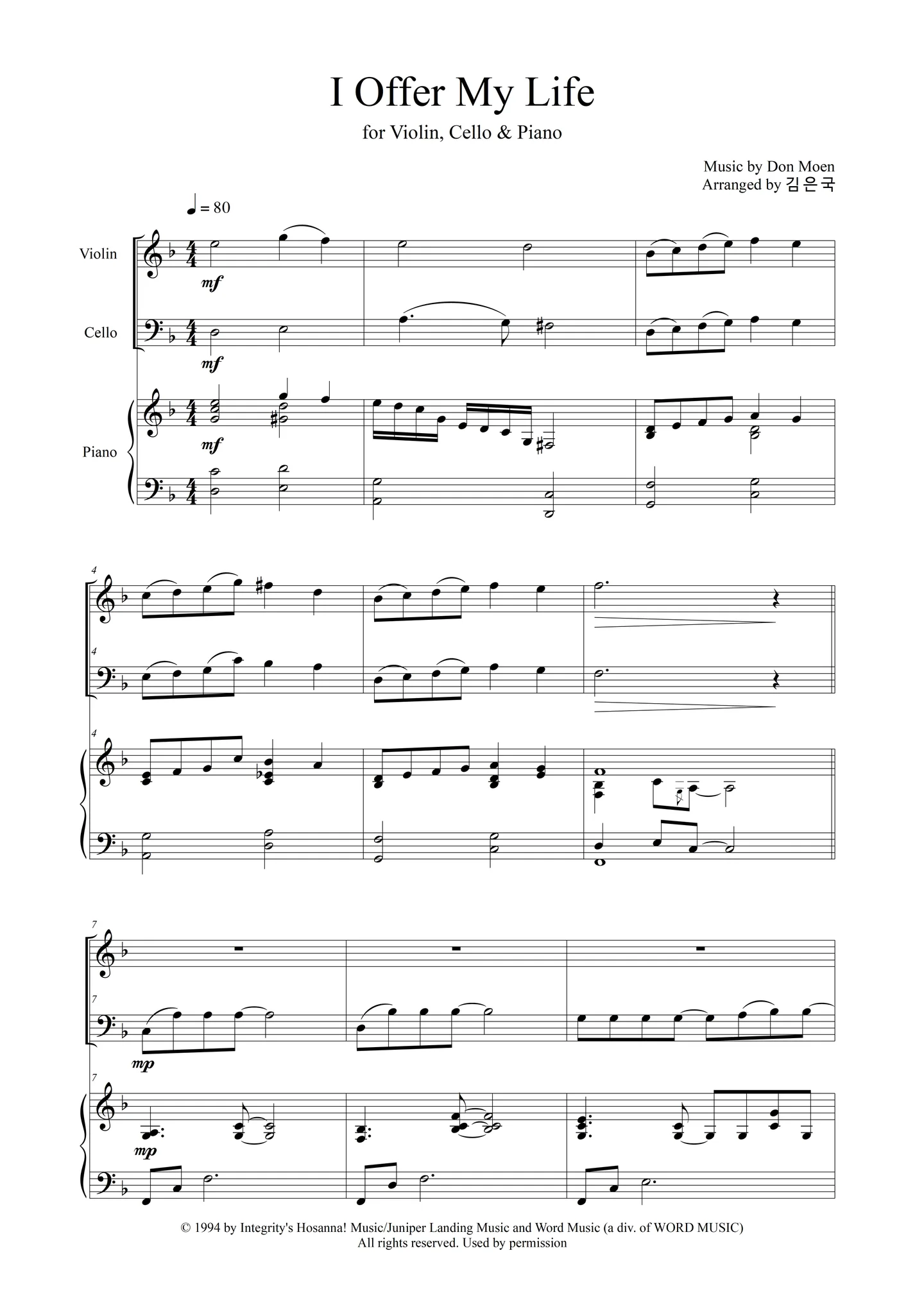 I Offer My Life - Don Moen (Piano Trio(Vn,Vc,Pf)) by Grace Music
