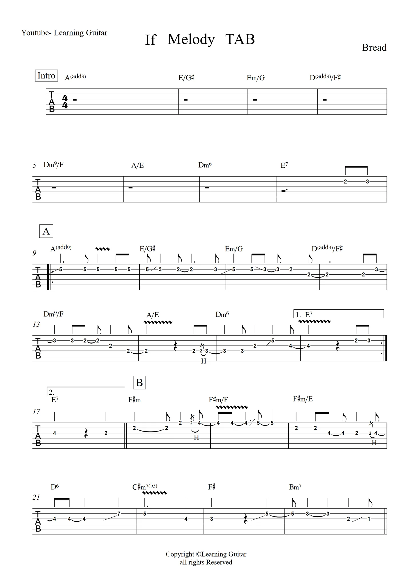 IF (Melody TAB) - Bread (guitar melody tab) by Learning Guitar