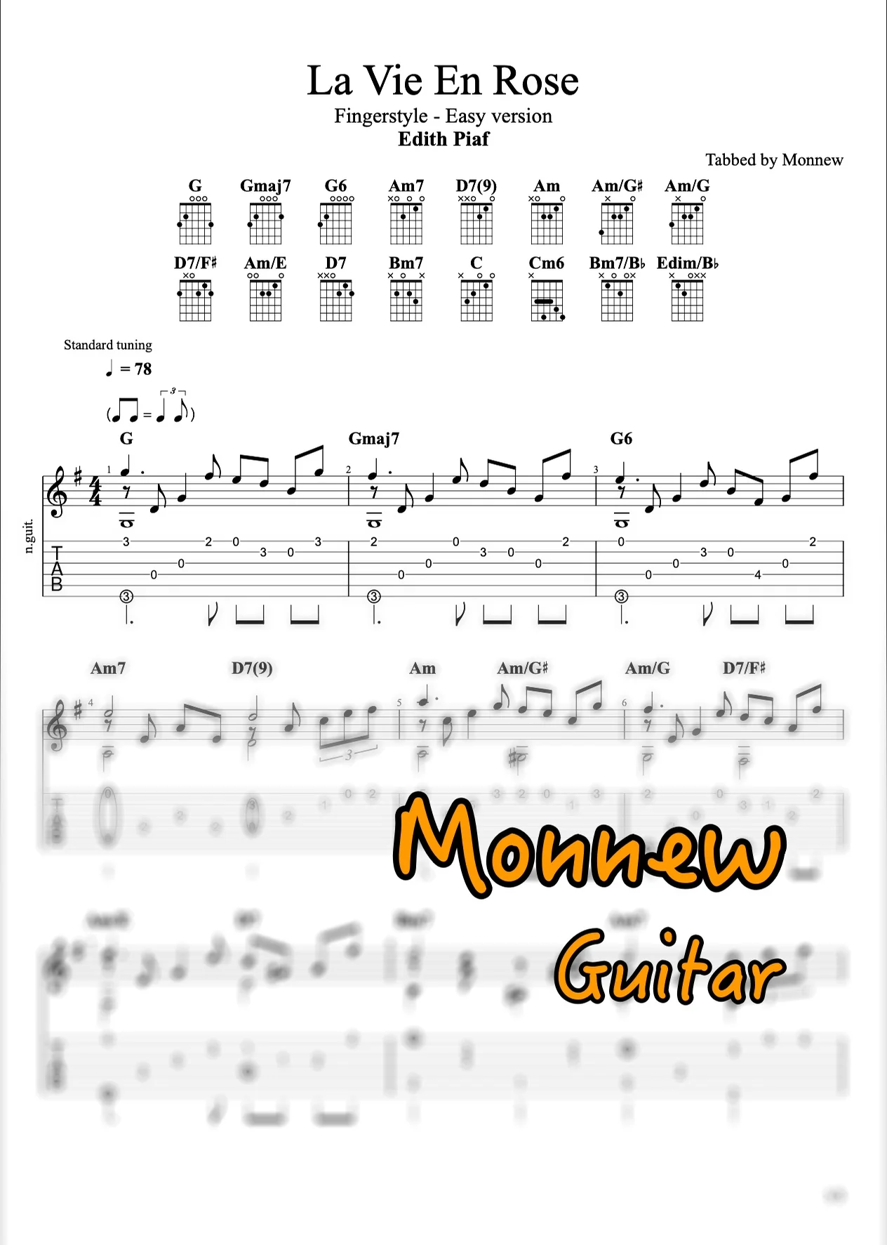 La Vie En Rose - Edith Piaf (Easy Fingerstyle) by Monnew