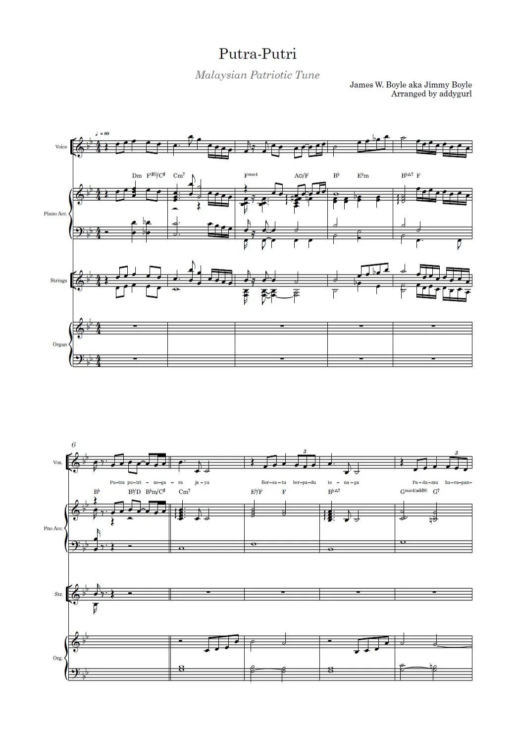 Putra-Putri - Voice + Piano Accompaniment with chords + Strings + Organ - Jimmy W. Boyle (Moderate) by addygurl