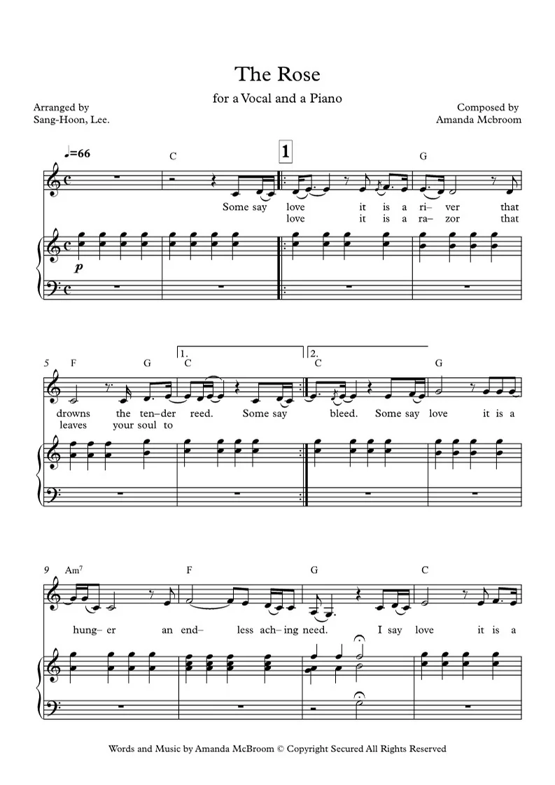 The Rose - Amanda Mcbroom (arr for Vocal and a Piano) by Sang-Hoon, Lee.