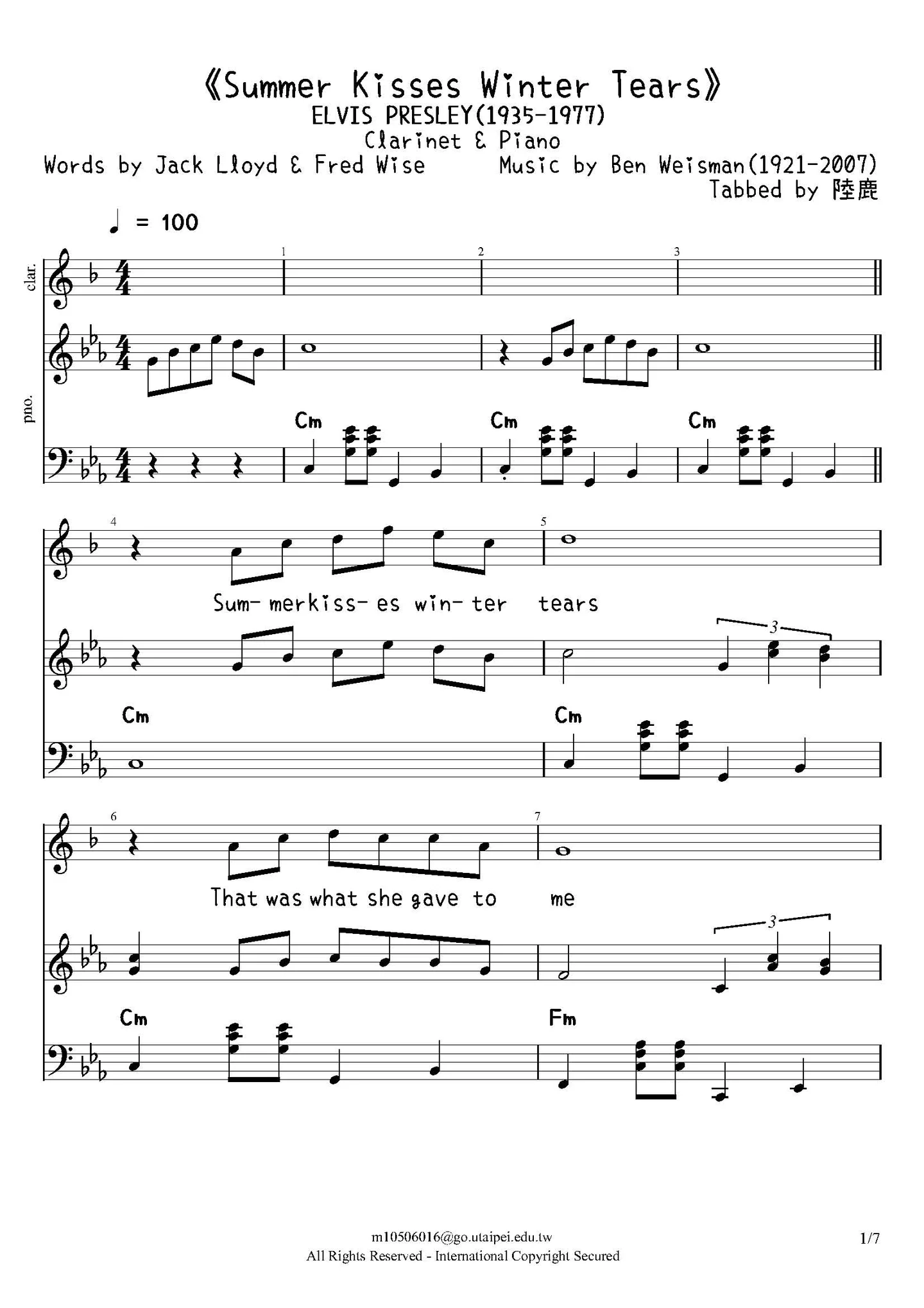《Summer Kisses Winter Tears》Clarinet &amp; Piano - Elvis Presley by Ben Weisman