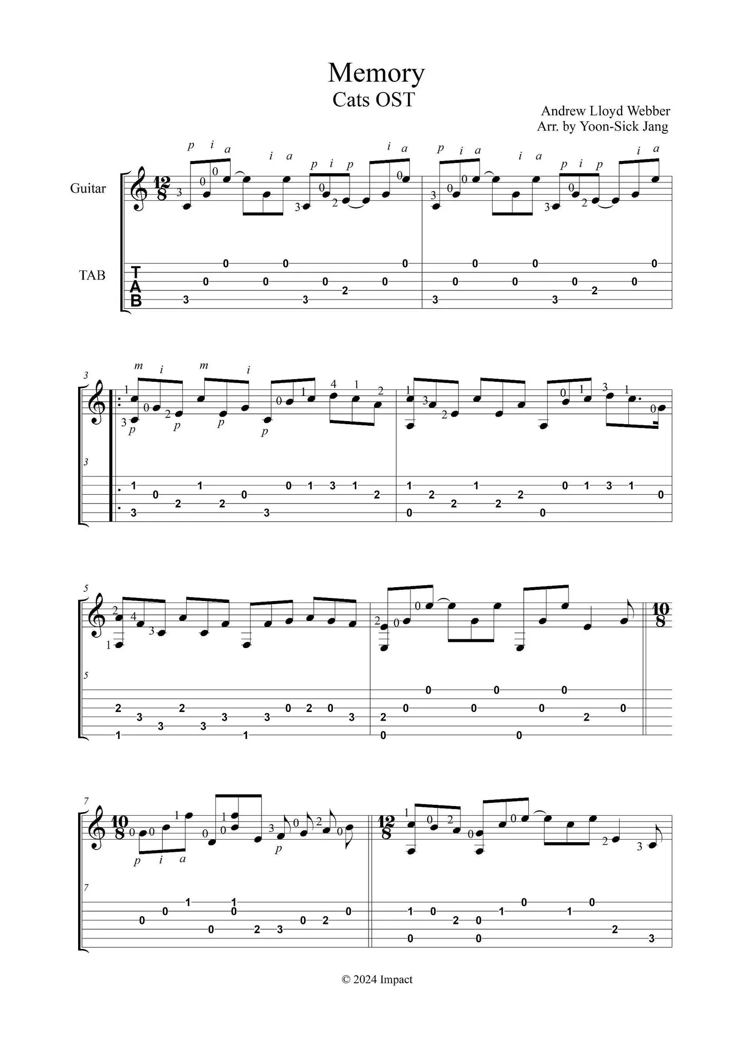 뮤지컬 캣츠(Cats) -Memory(쉬운 기타솔로) - Andrew Lloyd Webber (타브악보, 오선악보 동시 수록) by 장윤식 - Page 2