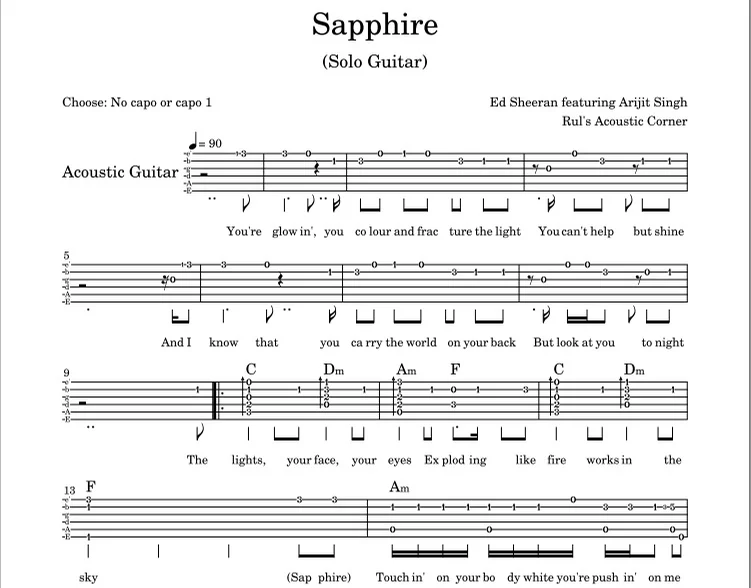 Sapphire - Ed Sheeran feat Arijit Singh (Solo Guitar Fingesrtyle Tabs for normal level) by Ed Sheeran feat Arijit Singh Solo Guitar Tabs