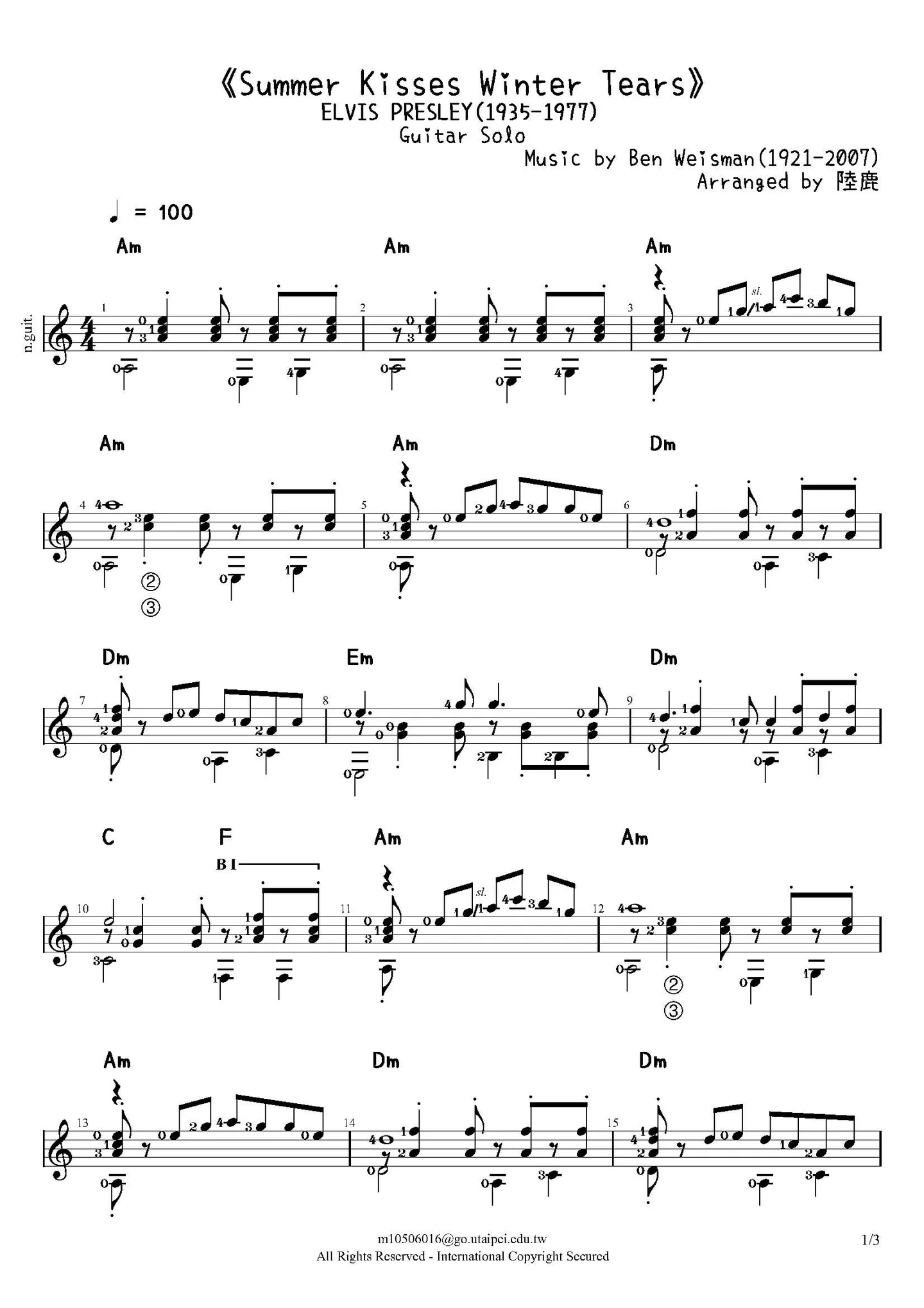 《Summer Kisses Winter Tears》Guitar Solo - Elvis Presley by Ben Weisman