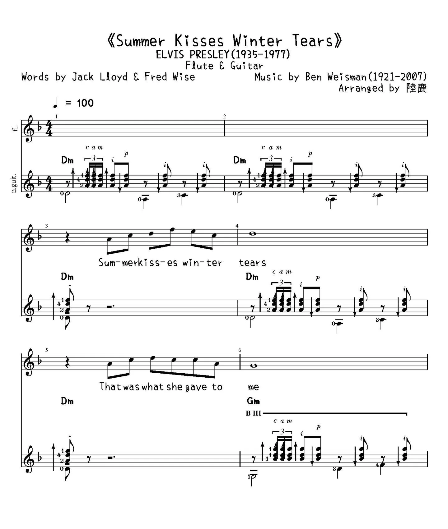 《Summer Kisses Winter Tears》Flute&amp;Guitar(Play in D minor) - ELVIS PRESLEY(1935-1977) by Ben Weisman(1921-2007)