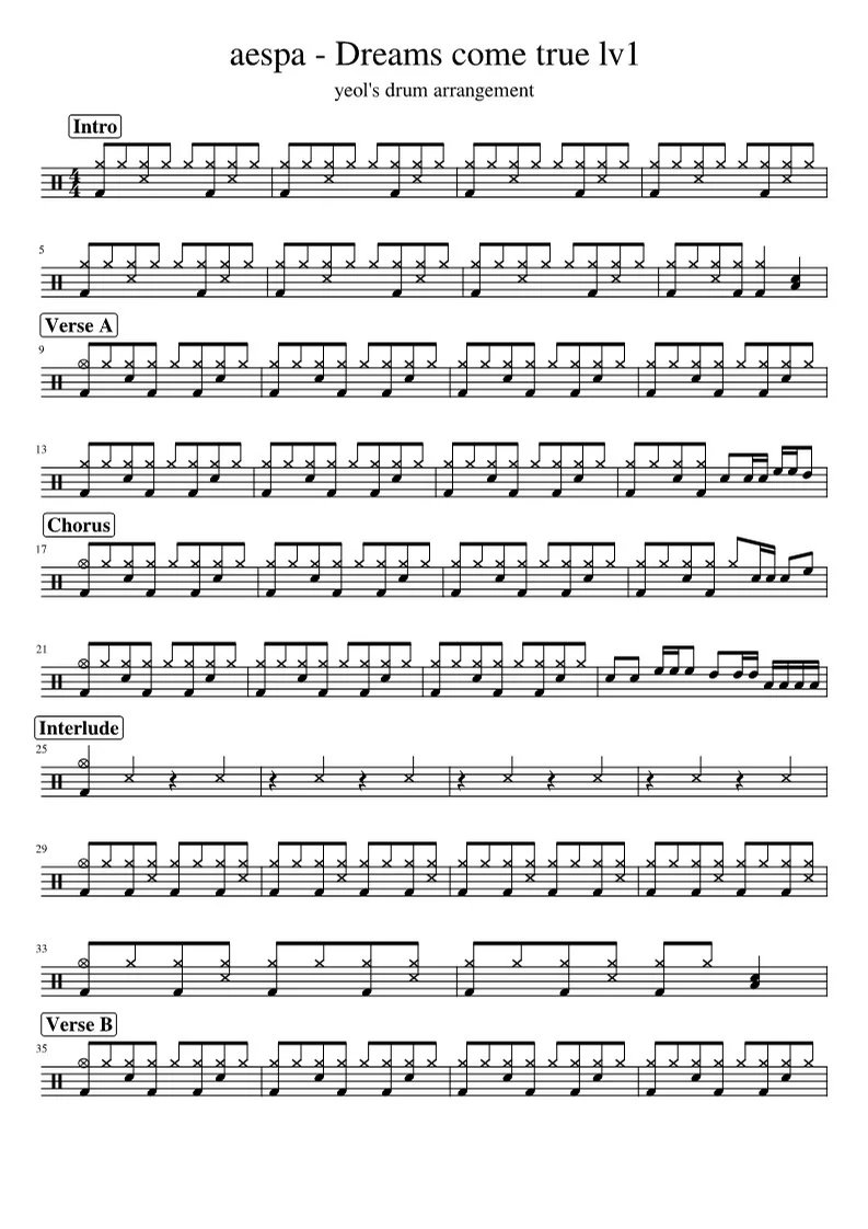 dreams come true - aespa (Lv1 쉬운악보) by yeol's drum