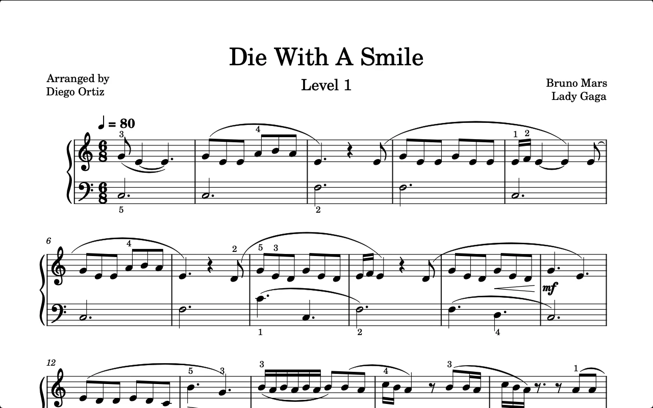 Die With A Smile - Lady Gaga & Bruno Mars (Easy version to teach to your students! Fingerings are also included :)) by Diego Ortiz