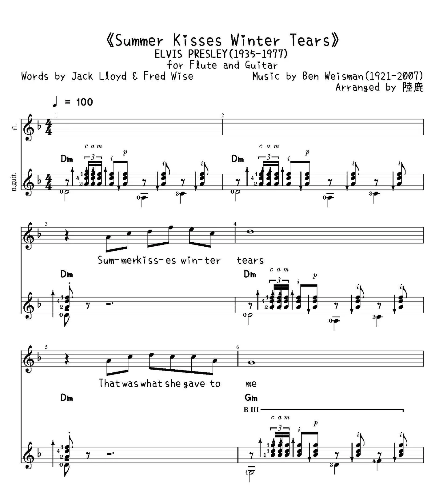《Summer Kisses Winter Tears》for Flute and Guitar (Play in D minor) - ELVIS PRESLEY(1935-1977) by Ben Weisman(1921-2007)