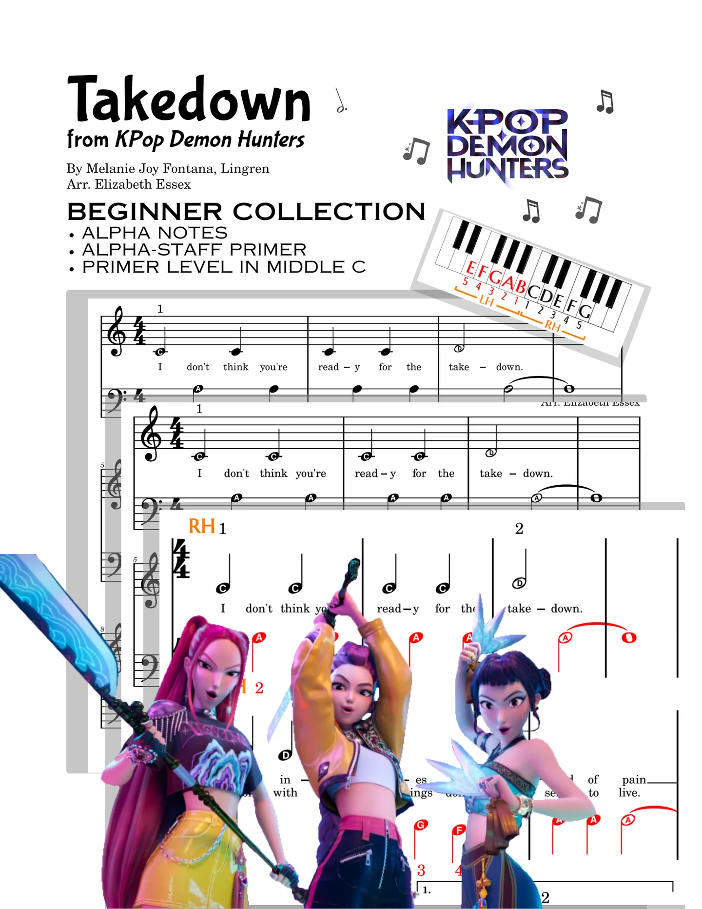 Takedown - Melanie Joy Fontana, Lingren (Chorus only: Alpha note and Primer Staff at Middle C) by Elizabeth Essex