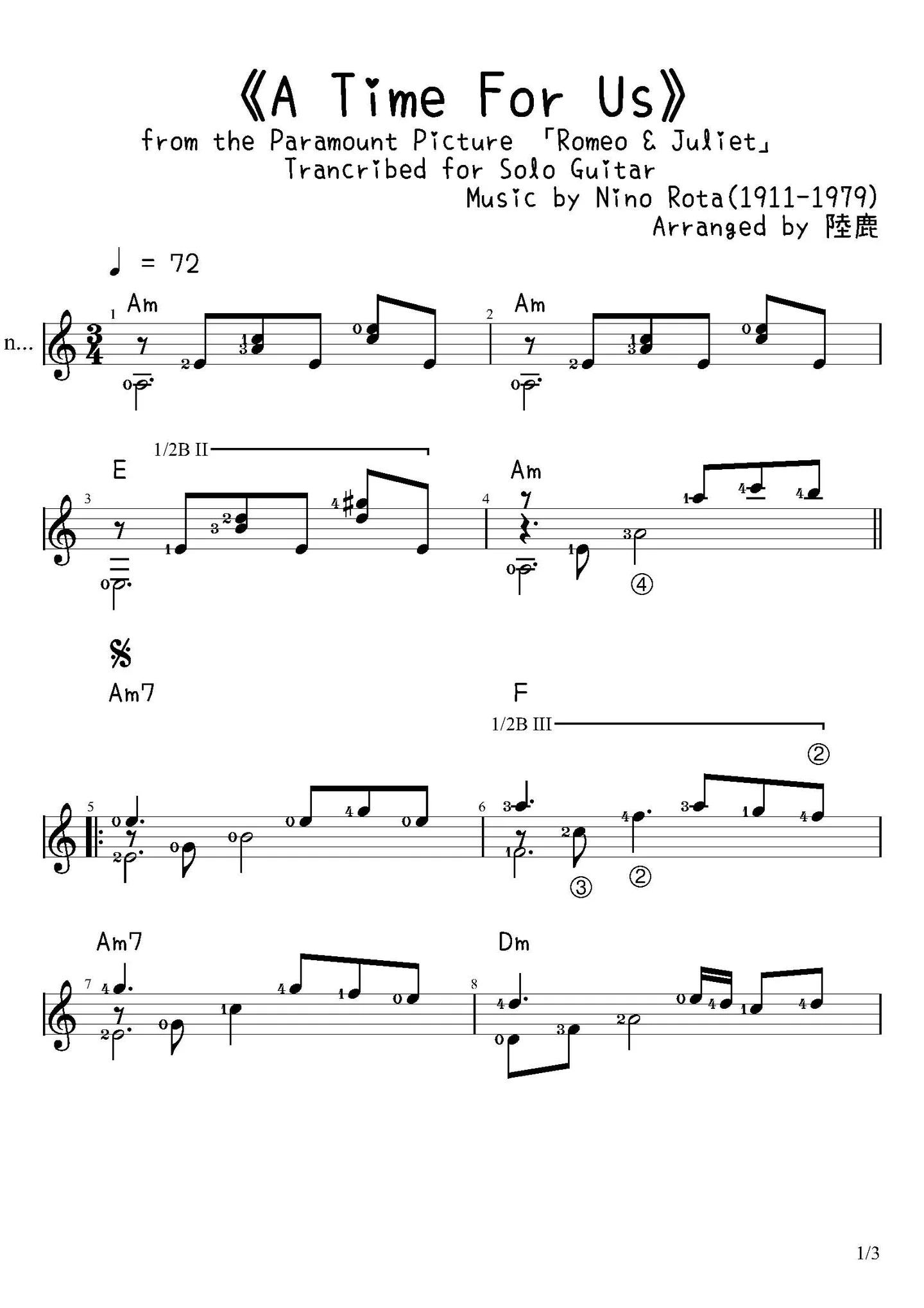 《A Time For Us》Trancribed for Solo Guitar - Andy Williams (1927-2012) (Trancribed for Solo Guitar) by Nino Rota(1911-1979)