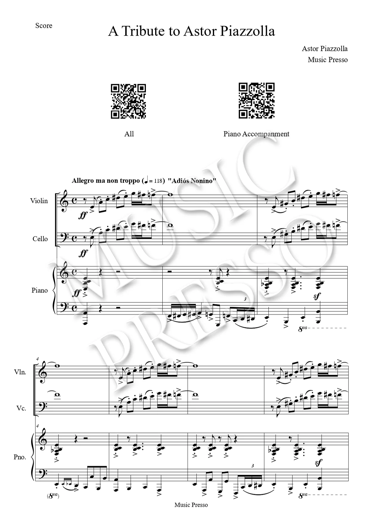 Piazzolla Piano Trio Medley - Astor Piazzolla (Piano Trio (Violin, Cello, Piano)) by MusicPresso