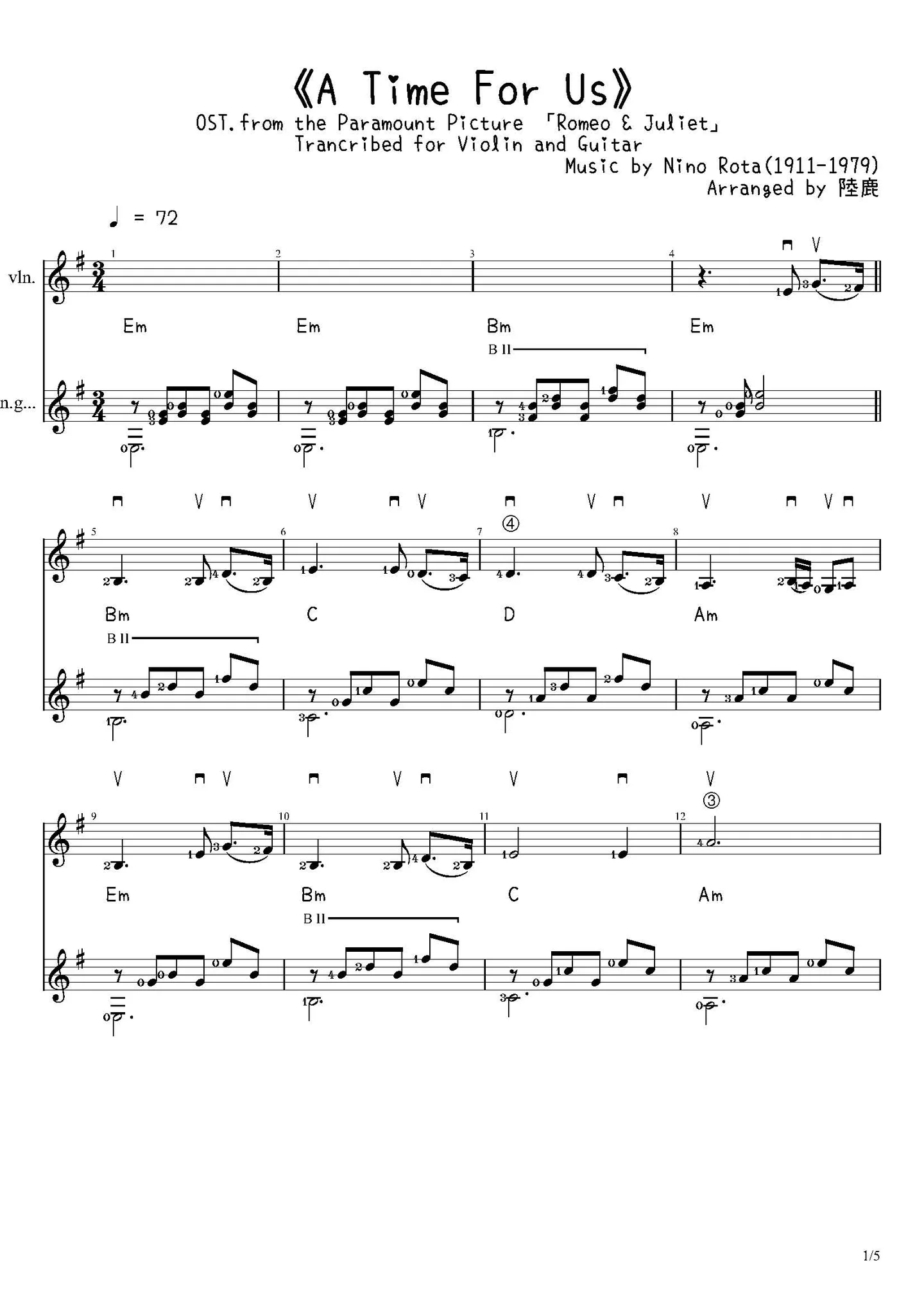 《A Time For Us》 Trancribed for Violin and Guitar - Andy Williams(1927-2012) (Trancribed for Violin and Guitar) by Nino Rota(1911-1979)