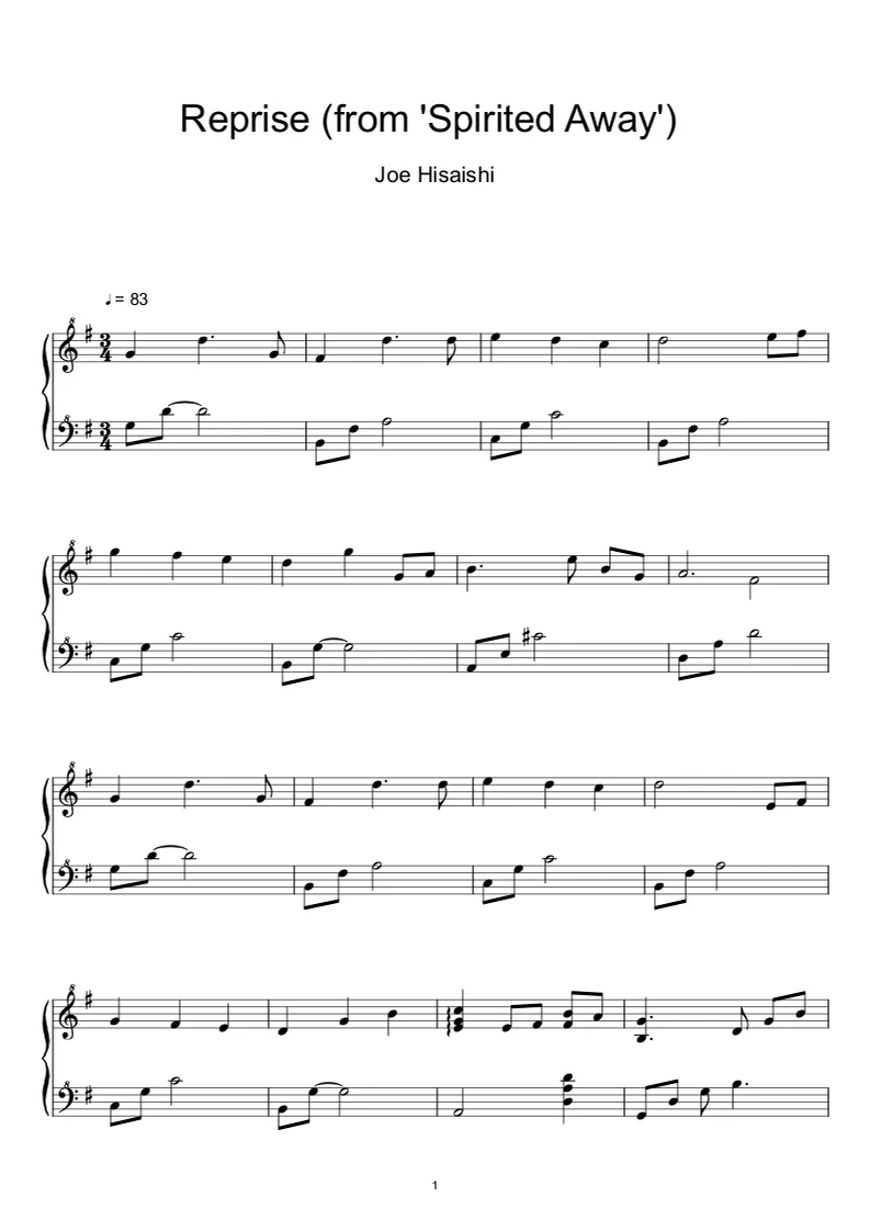 ‎Reprise (from 'Spirited Away') - 久石譲 (Joe Hisaishi) (Sheet Music, MIDI,) by sayu