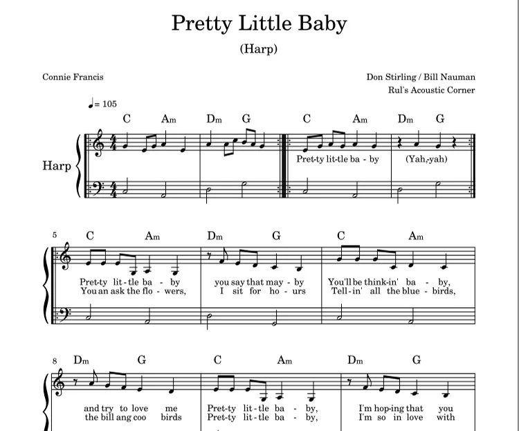 Pretty Little Baby - Connie Francis (Easy Harp Sheet Musical Notes) by Connie Francis - Pretty Little Baby Sheet Notes PDF