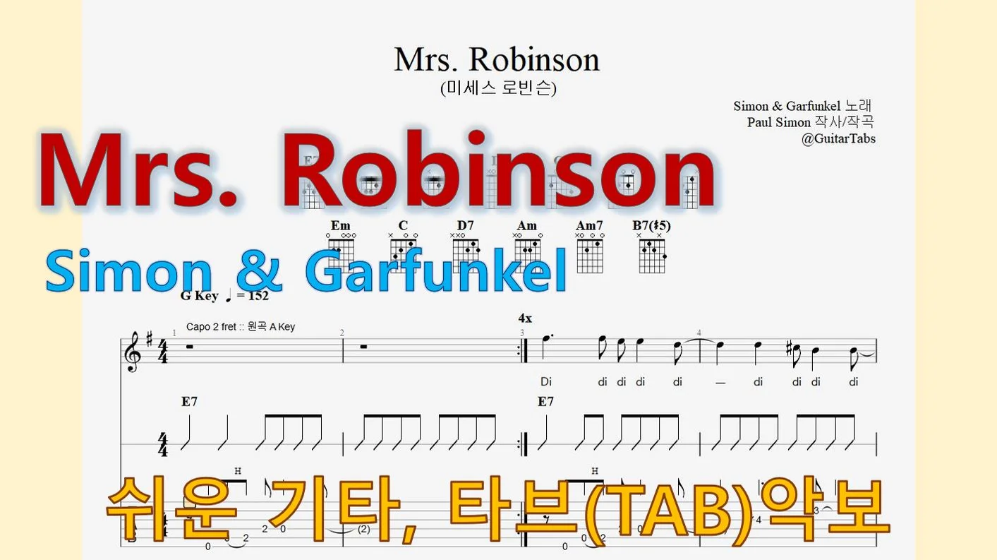 Mrs. Robinson - Simon & Garfunkel (G Key / Easy TAB / Lyrics) by 624 TABs