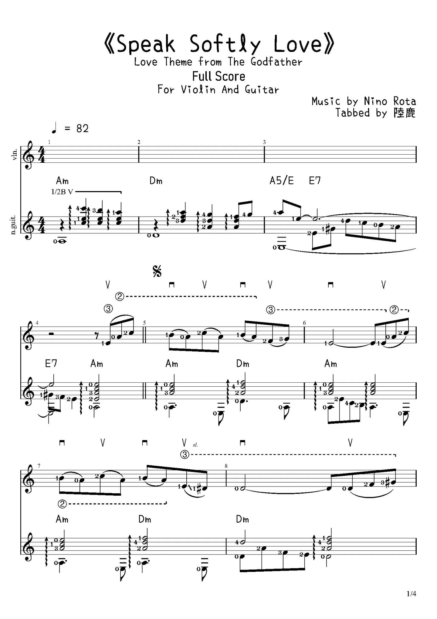《Speak Softly Lover》For Violin and Guitar - Andy Williams (For Violin and Guitar) by Nino Rota (1911-1979)