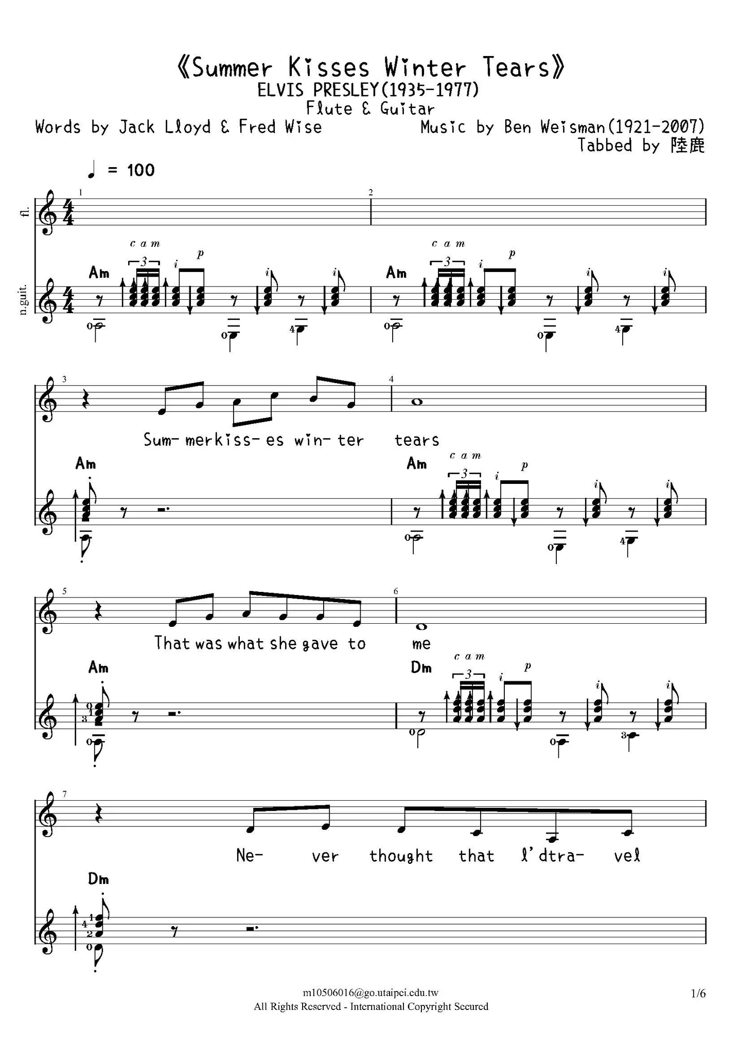 《Summer Kisses Winter Tears》Flute&amp;Guitar - Elvis Presley by Ben Weisman