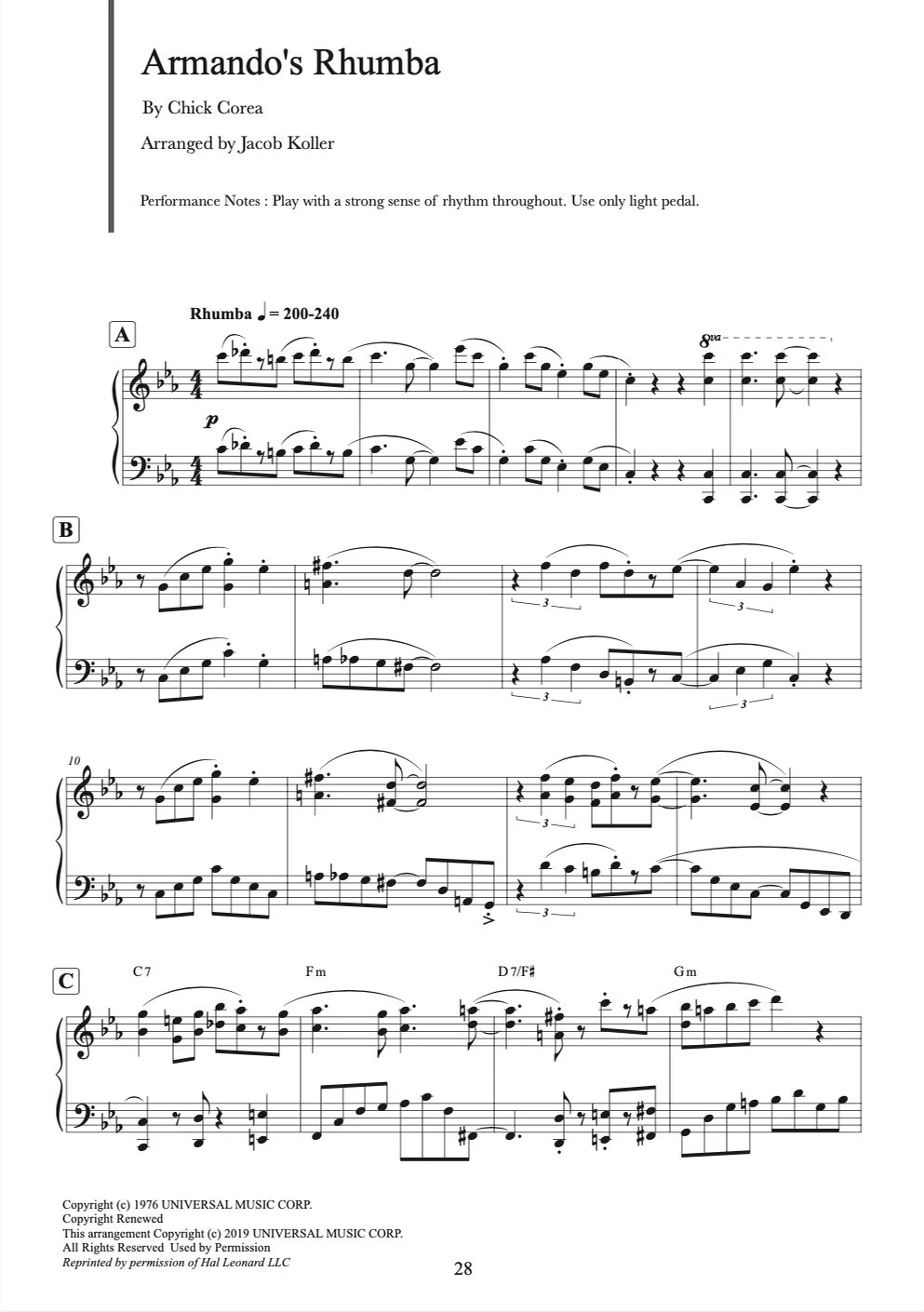 Armando's Rhumba - チック・コリア (ピアノソロ / Expert / コード / 10ページ) by JIMS Sheet Music