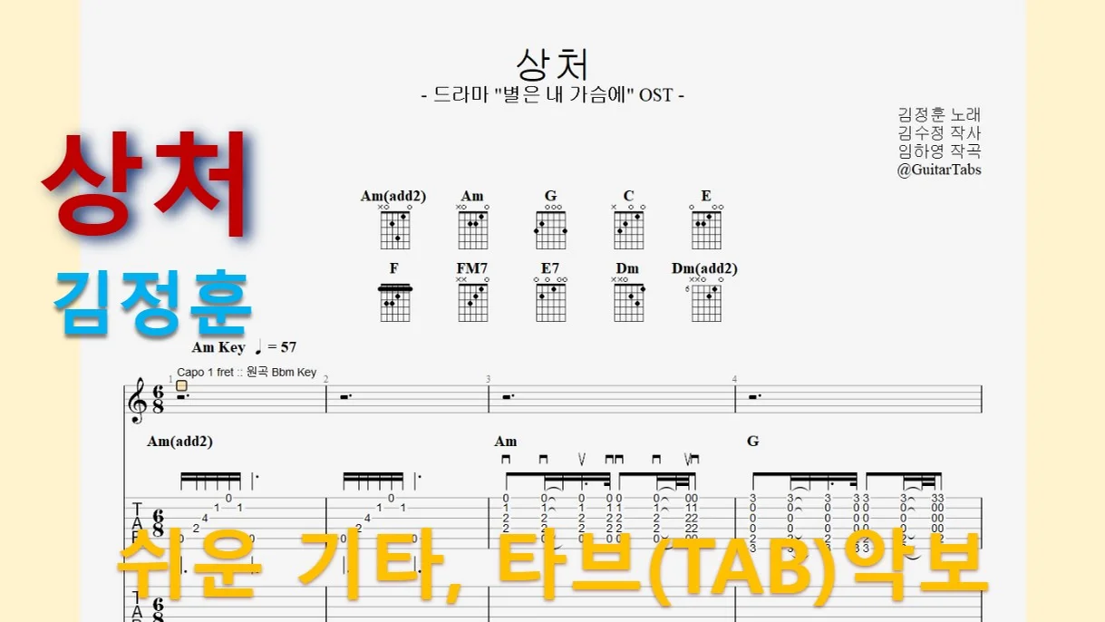 상처 - 김정훈 (Am Key / Easy TAB / Lyrics) by 624 TABs