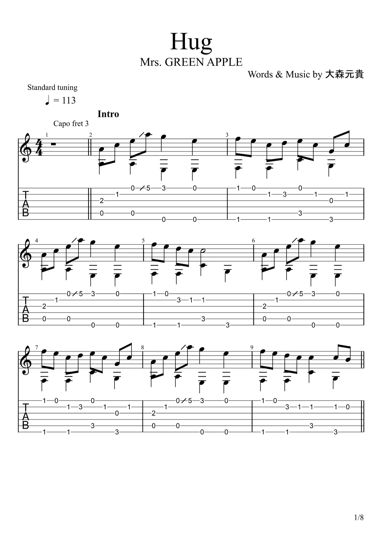 Hug - Mrs.GREEN APPLE (Fingerstyle) by u3danchou