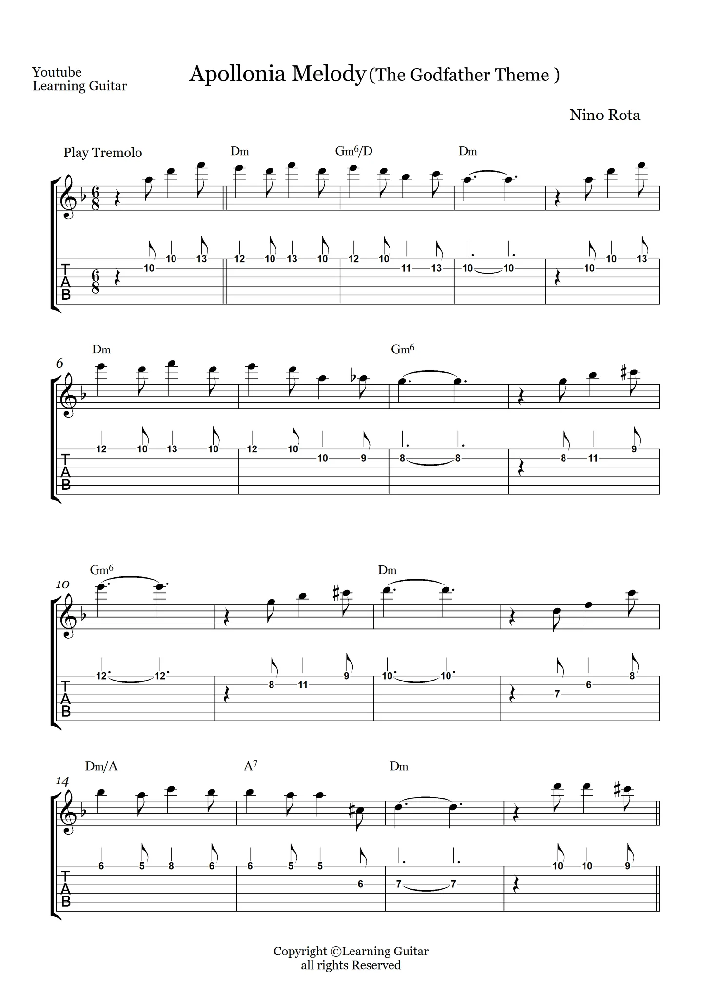 Apollonia (Godfather Theme) - Nino Rota (Guitar Melody) by Learning Guitar