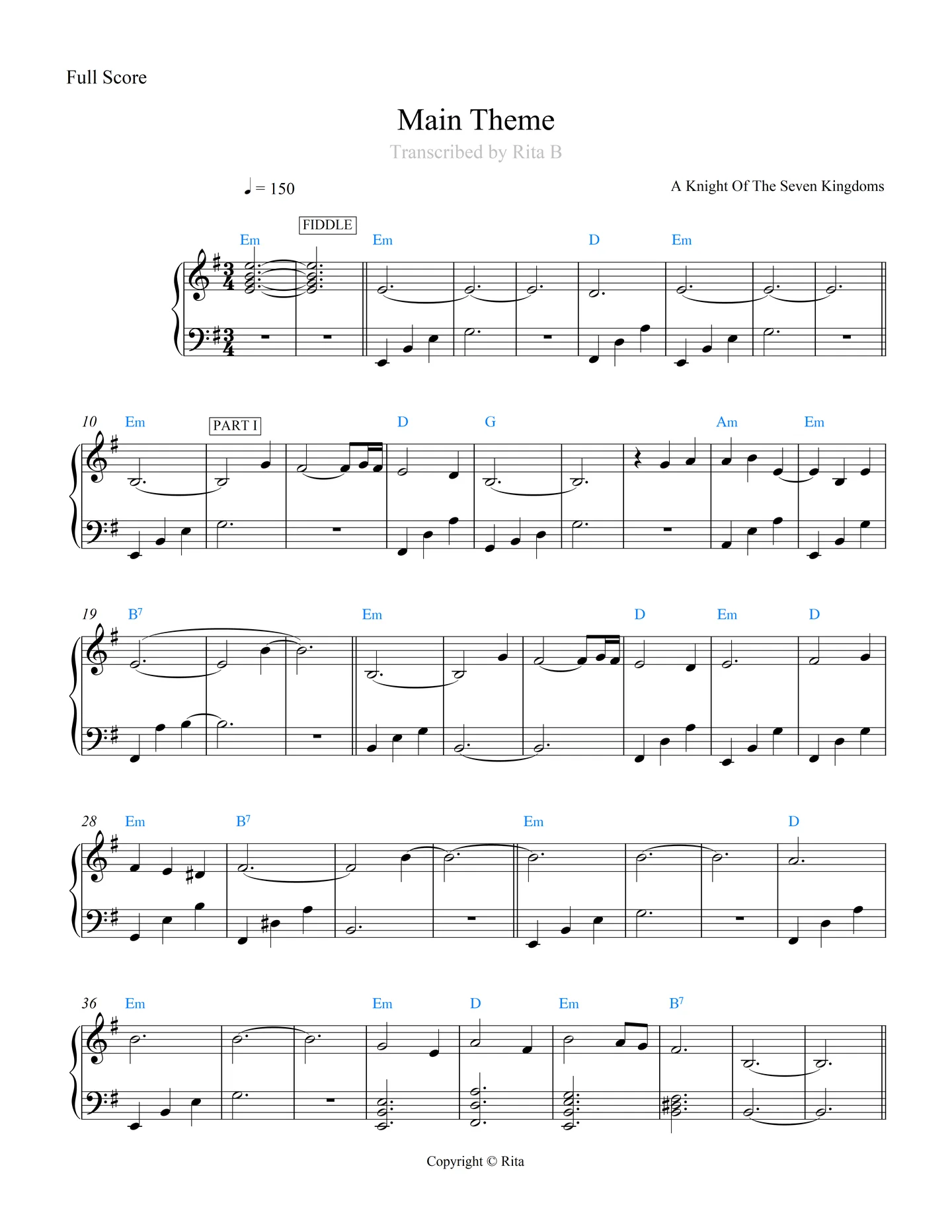 Main Theme - Dan Romer, A Knight Of The Seven Kingdoms (2 pdfs: piano + guitar/violin) by Rita B
