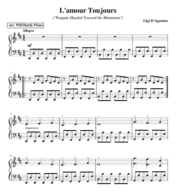 L'Amour Toujours ("Penguin Headed Toward the Mountains") - Gigi D'Agostino (Solo piano arrangement of "L'Amour Toujours" by Gigi D'Agostino (aka "The Penguin" TikTok)) by Will Hardy Piano