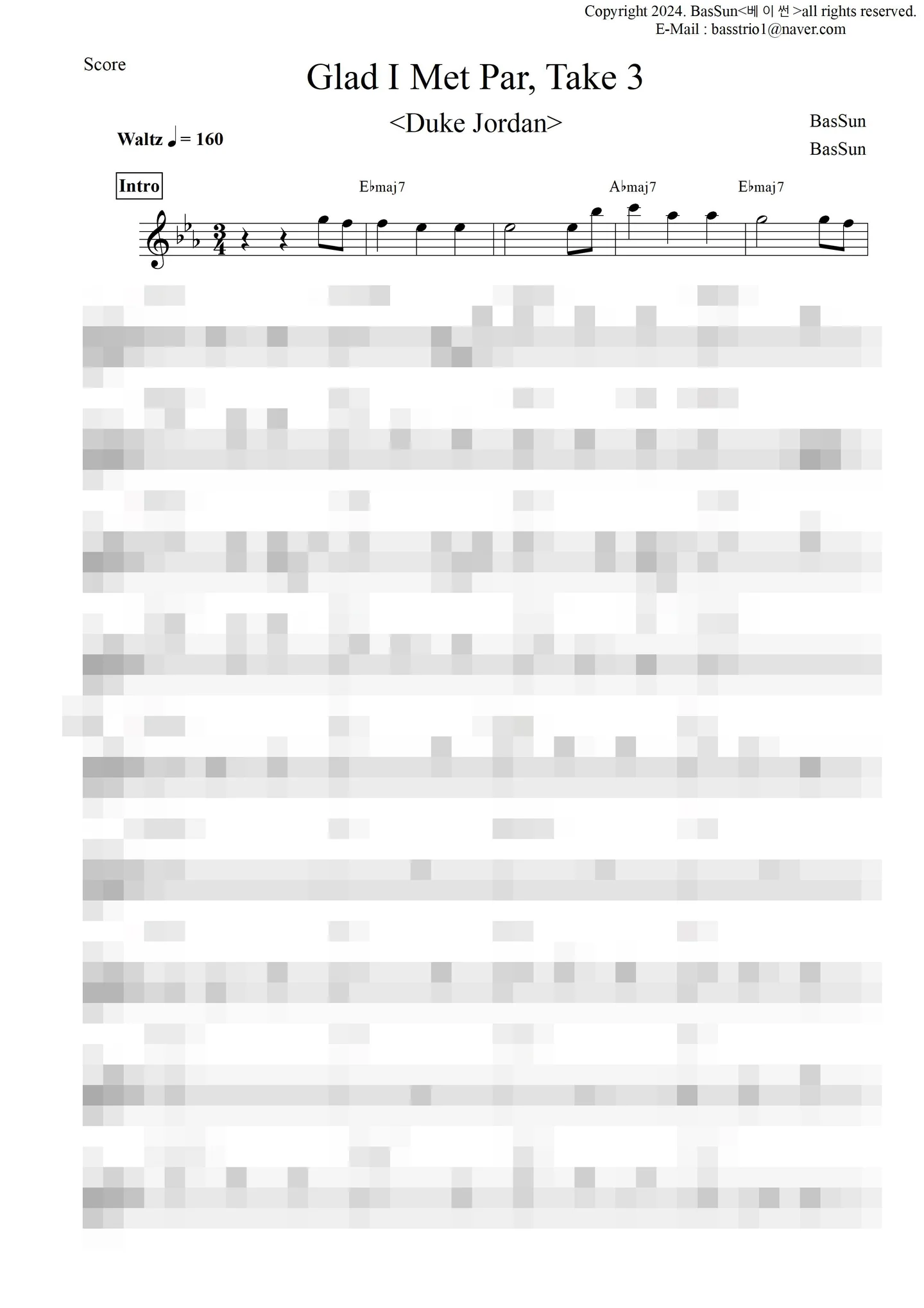 Glad I Met Par, Take 3 - Duke Jordan (Lead Sheet / 멜로디 코드 악보 / 리얼북 / 재즈 악보) by BasSun