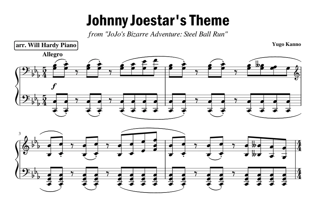 Johnny Joestar's Theme (JJBA: Steel Ball Run) - Yugo Kanno (Piano solo arrangement of the theme from JJBA Part 7: "Steel Ball Run") by WillHardyPiano