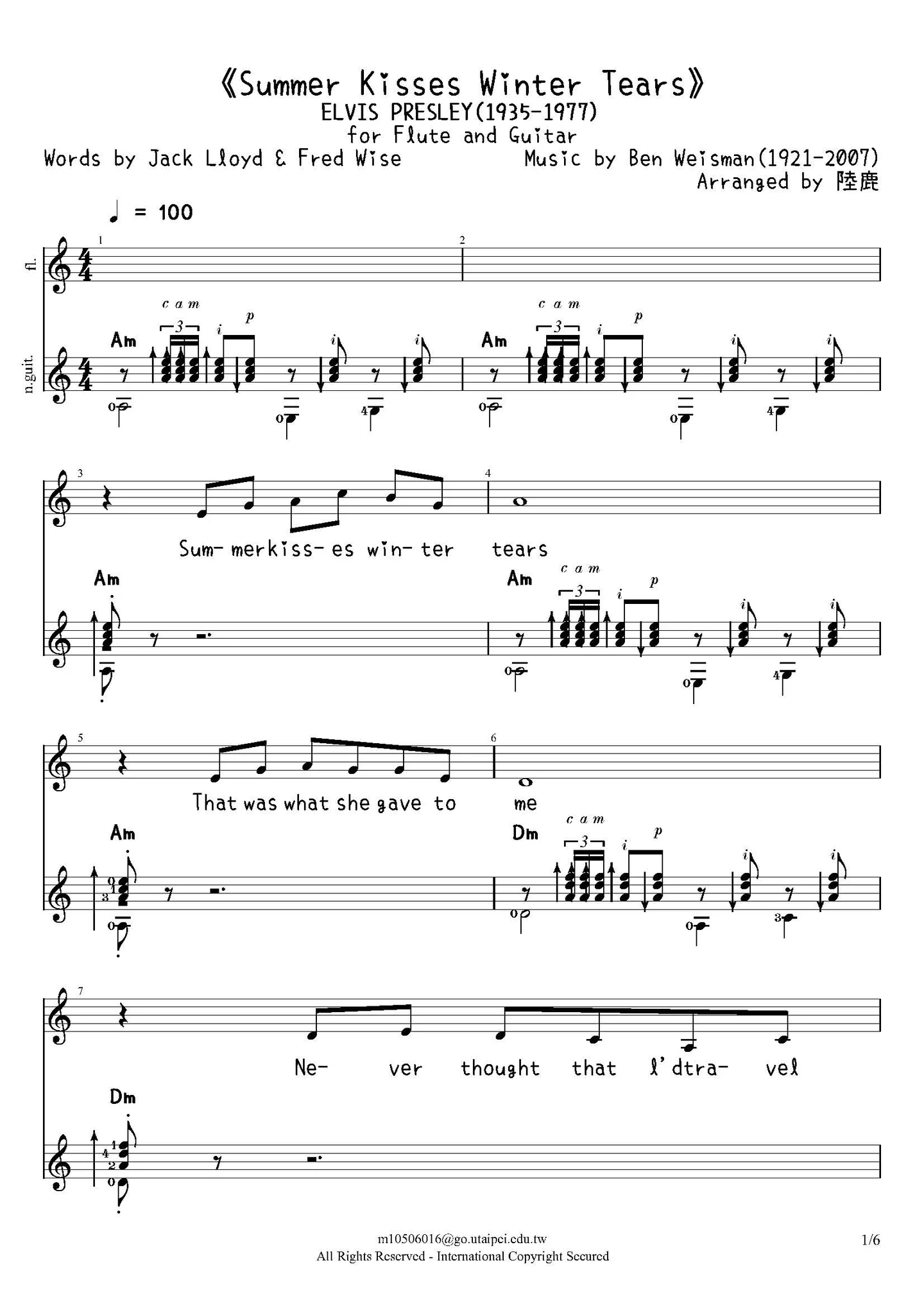 《Summer Kisses Winter Tears》for Flute and Guitar (Play in A minor) - ELVIS PRESLEY(1935-1977) by Ben Weisman(1921-2007)