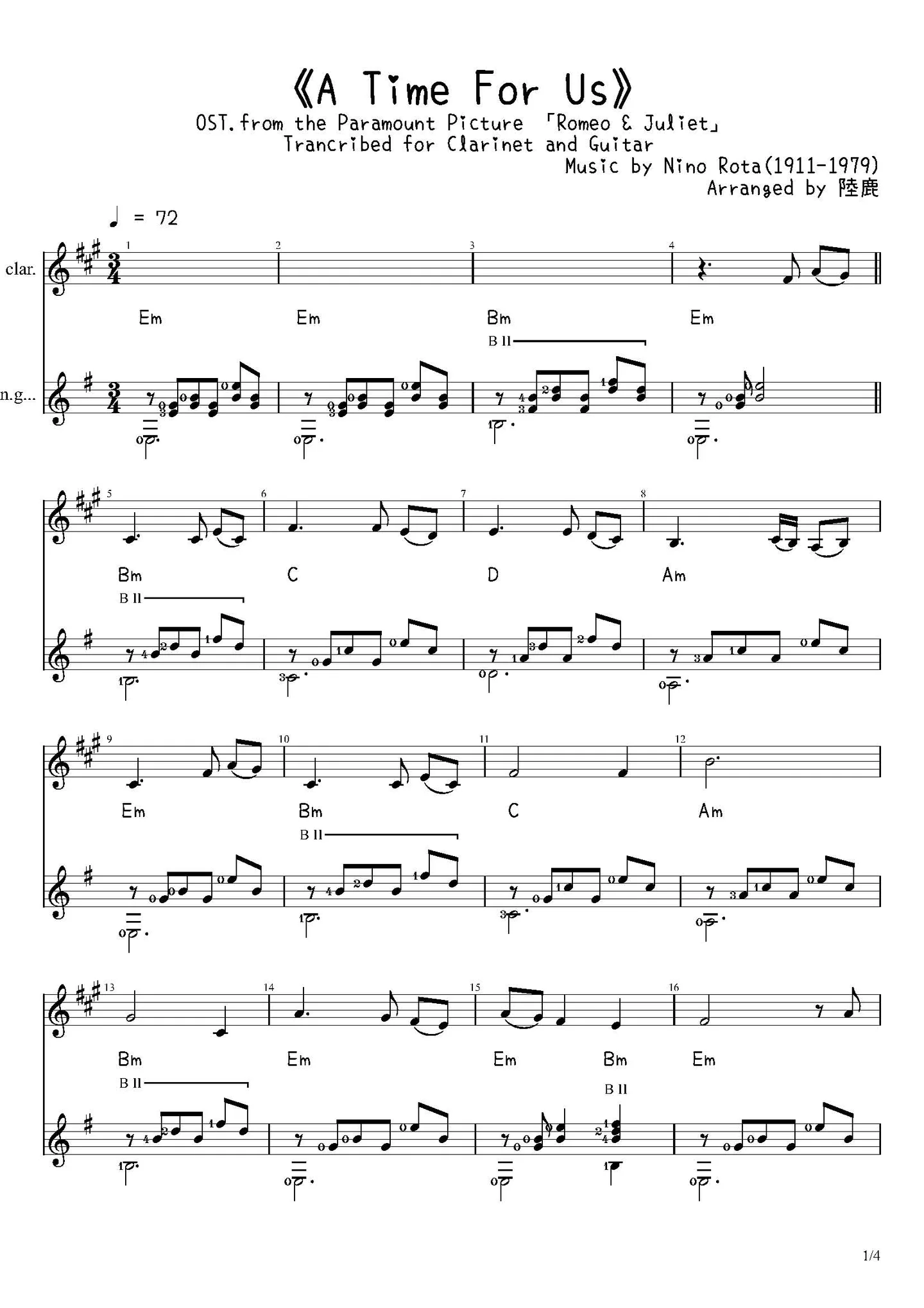《A Time For Us》 Trancribed for Clarinet and Guitar - Andy Williams (1927-2012) (Trancribed for Clarinet and Guitar) by Nino Rota(1911-1979)