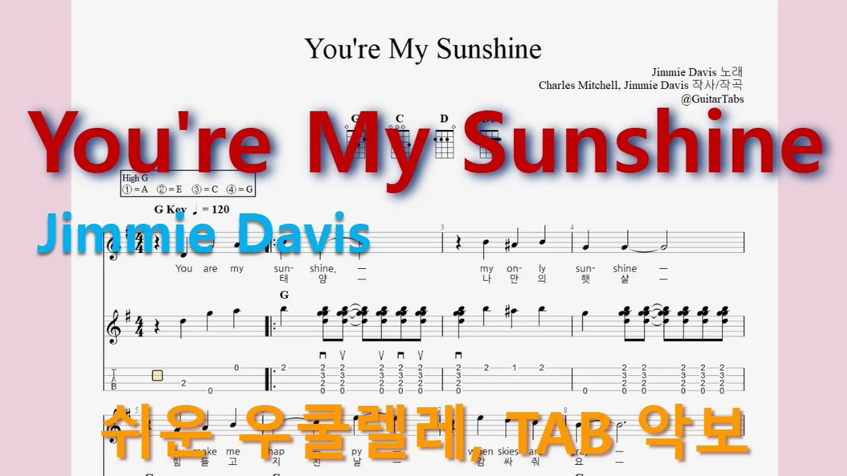 You're My Sunshine - Jimmie Davis (G Key / Easy TAB / Lyrics) by 624 TABs