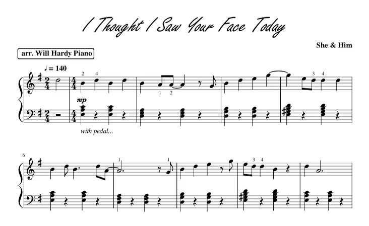 I Thought I Saw Your Face Today - She &amp; Him (Solo piano arrangement of "I Thought I  Saw Your Face Today" by She &amp; Him) by Will Hardy Piano