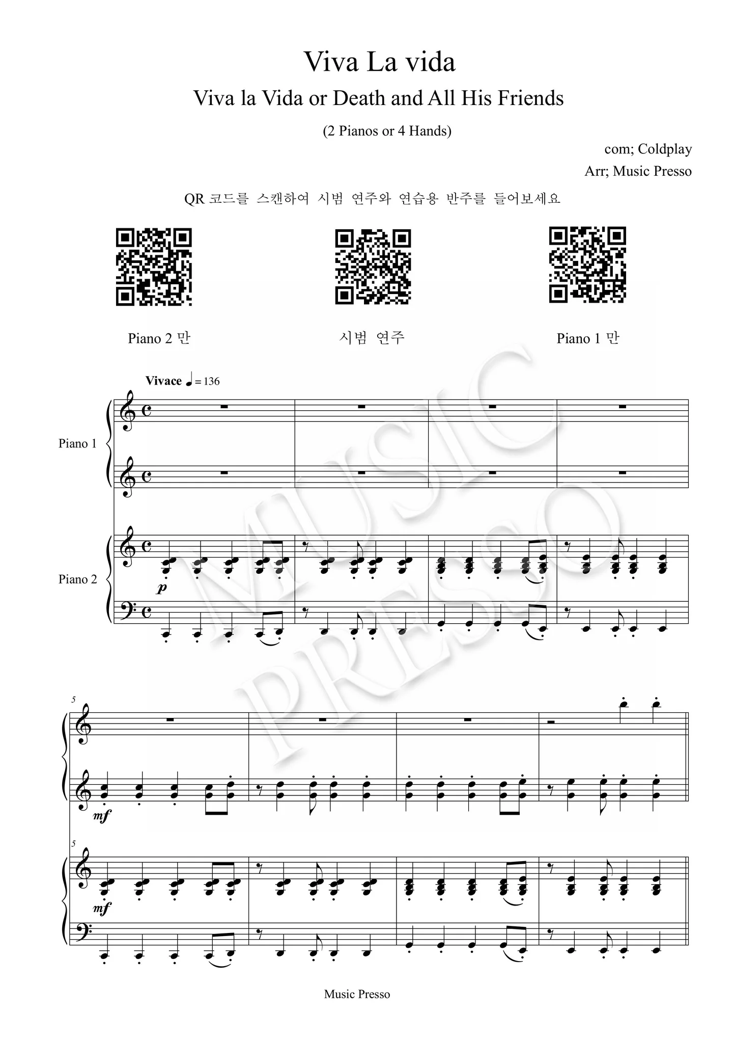 Viva la vida - Coldplay (Coldplay's "Viva la vida" for 2 Pianos or 4 Hands.) by Music Presso