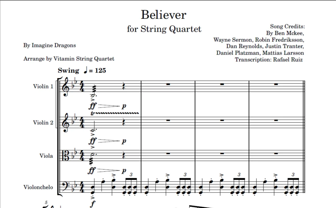 Believer - Imagine Dragons (String Quartet) by Vitamin String Quartet, Transcription Rafael Ruiz