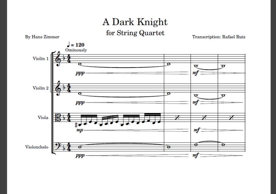 A Dark Knight - Hans Zimmer (Arrangement for String Quartet ( 2 Violins, Viola and Cello)) by Unknown