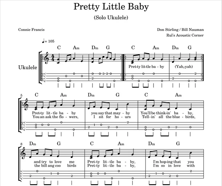 Pretty Little Baby - Connie Francis (Easy Solo Ukulele Sheet Musical Notes Tabs) by Connie Francis - Pretty Little Baby Sheet Notes Tabs