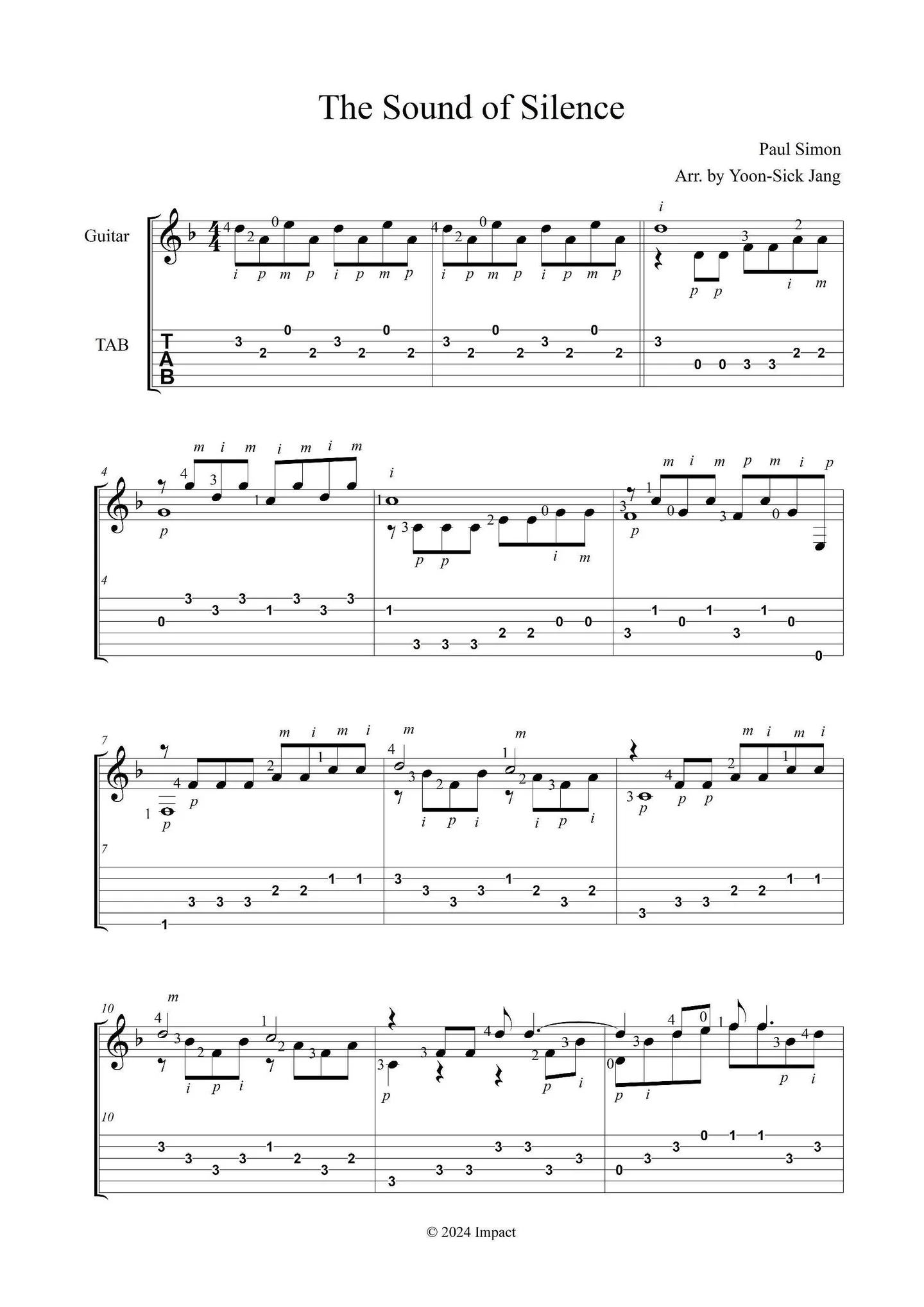 침묵의 소리 - Paul Simon (초보자를 위한 기타 독주곡) by 장윤식 - Page 2