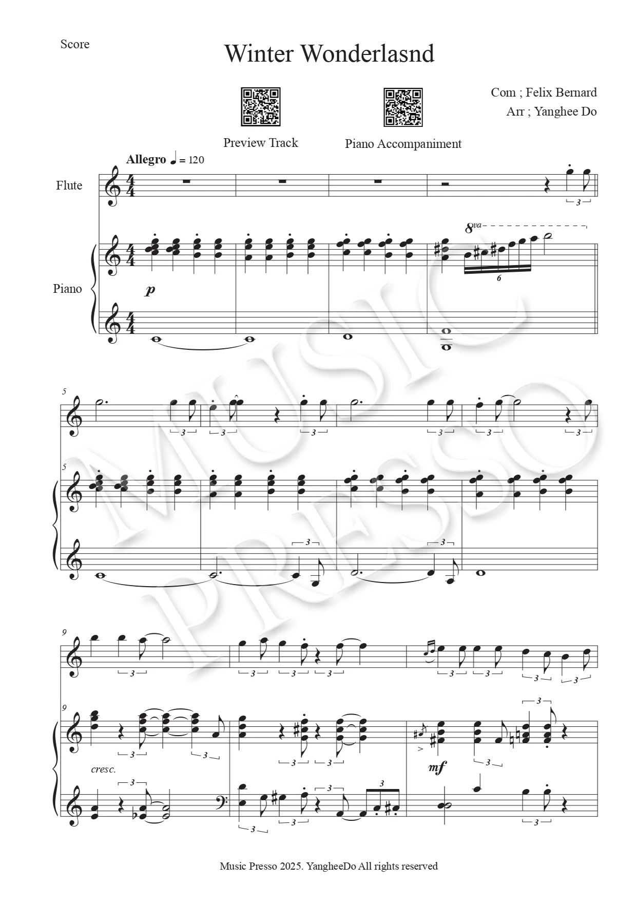 Winter Wonderland (长笛与钢琴) - 菲利克斯·伯纳德 (长笛与钢琴,Stride Jazz) by MusicPresso - Page 2