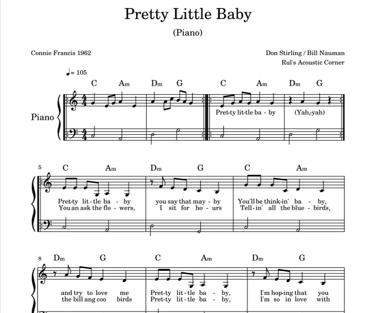 Pretty Little Baby - Connie Francis (Easy Piano Sheet Musical Notes) by Connie Francis - Pretty Little Baby Sheet Notes