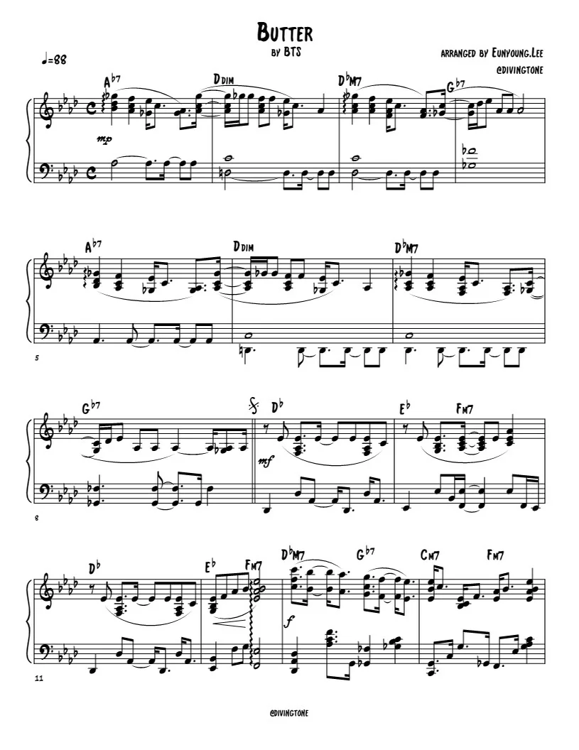 Butter(버터) - BTS(방탄소년단) (piano sheet / 피아노 악보) by Diving tone