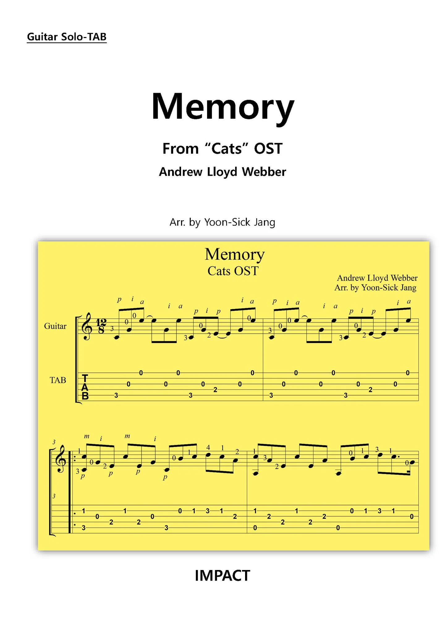 뮤지컬 캣츠(Cats) -Memory(쉬운 기타솔로) - Andrew Lloyd Webber (타브악보, 오선악보 동시 수록) by 장윤식